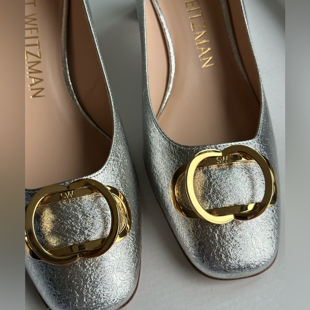 Stuart Weitzman Anicia Metallic Silver Leather Pumps Gold Logo Size 7.5 - Picture 4 of 16